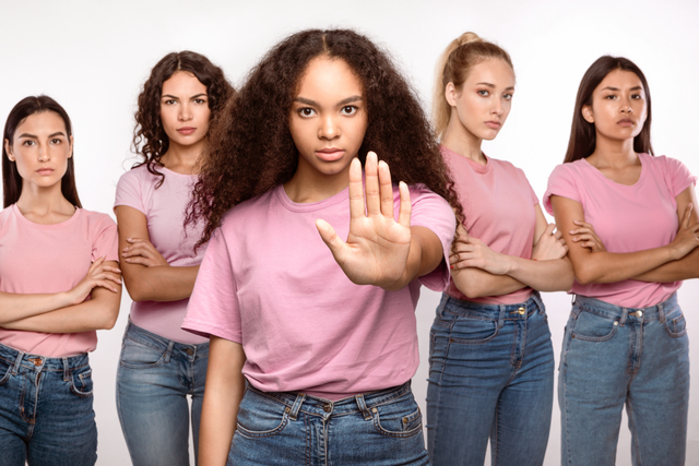 Black Woman Gesturing Stop Protecting Group Of Ladies, White Background