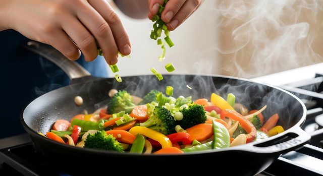Cooking Fresh Colorful Vegetables Stir Fry in Nonstick Pan with Steaming Aroma